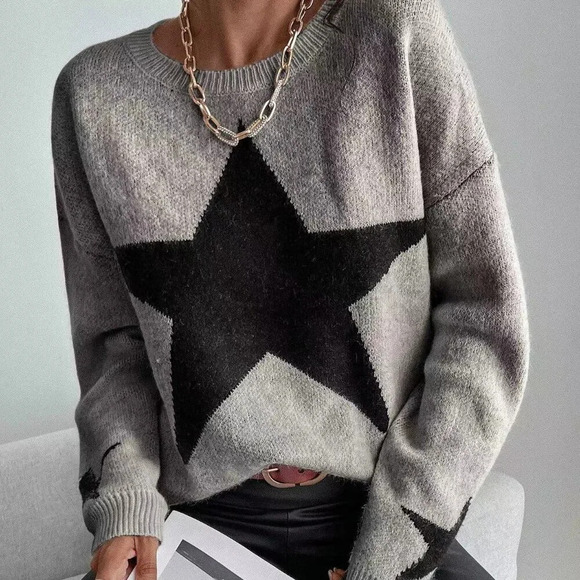 Grey Casual Women's Drop Shoulder Star Pattern Sweater - Picture 2 of 6